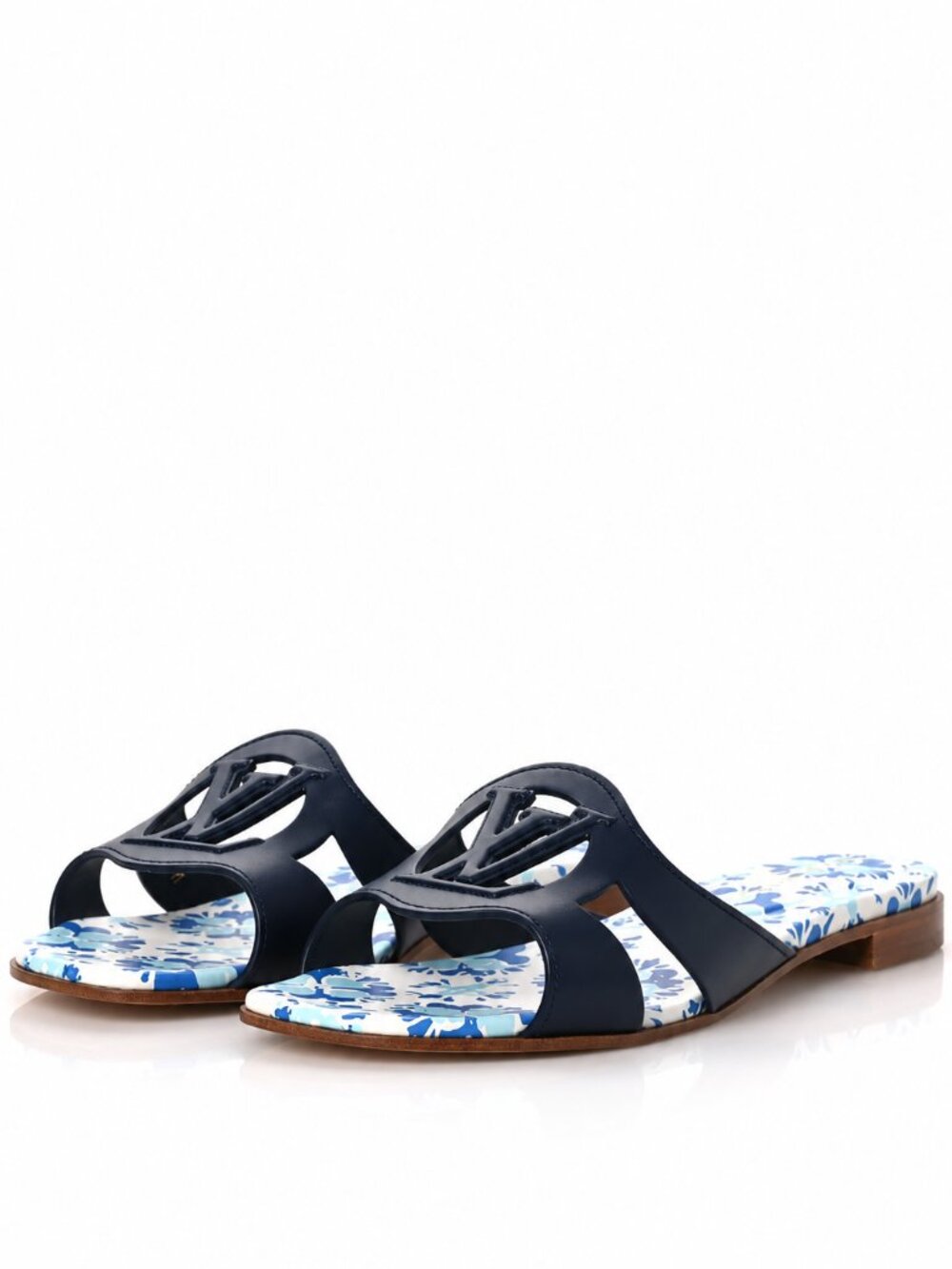 Louis Vuitton Blue Floral Logo Slide Sandals with Black Strap